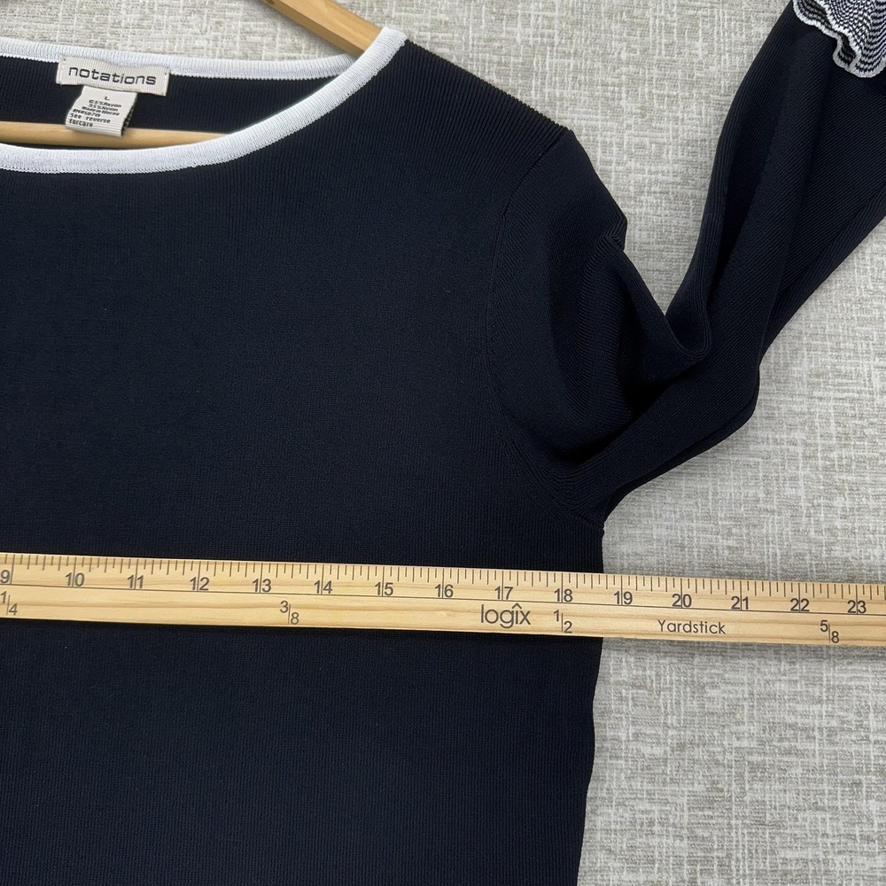 Notations Top Womens Large Black Stripe Ruffle Hem 3/4 Sleeve‎ Knit - Picture 7 of 9